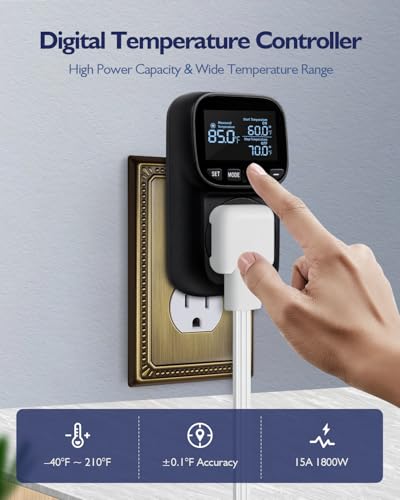 Temperature Controlled Outlet, Heavy Duty 15A 1800W Heating Cooling Thermostat Plug Outlet, -40℉~210℉ LCD Display Plug in Thermostat for Greenhouse Heater Incubator Homebrew Heat Lamp - style: Black