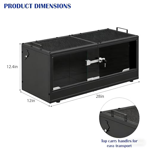 20 Gallon Reptile Terrarium Tank, Lockable Reptile Enclosure with Mesh Top & Handles, Escape-Proof Habitat Cage with Sliding Door for Snakes, Lizards, Tortoise & Small Animals, Black