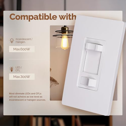 MOES Dimmer Light Switches 2pcs, 3 Way & Single Pole Dimmable Switch for LED,CFL,Incandescent,Halogen, 600Watt Max, ON/Off Switch with Dimming Slide, No Neutral Wire Required - color: White, size: 2 Pack No Cover