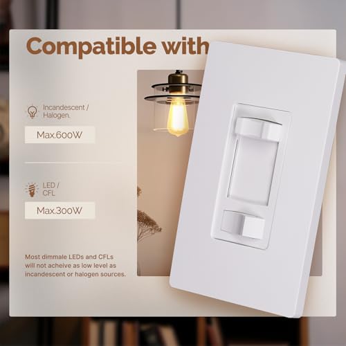 MOES Dimmer Light Switches 10pcs, 3 Way & Single Pole Dimmable Switch for LED,CFL,Incandescent,Halogen, 600Watt Max, ON/Off Switch with Dimming Slide, No Neutral Wire Required - color: White, size: 10 Pack No Cover