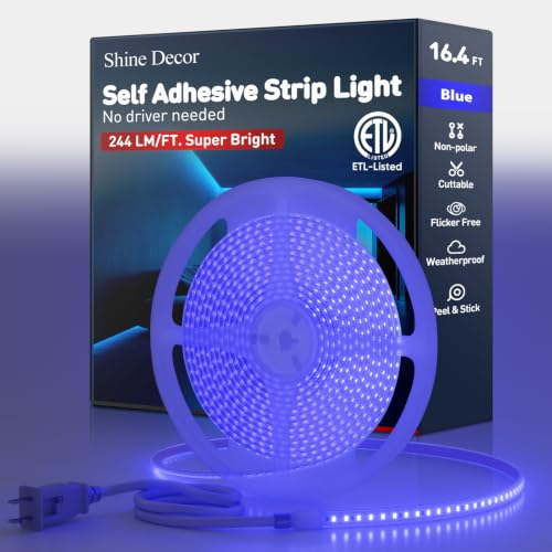 Shine Decor LED Strip Light Super Bright, Plug&Play 120V Driverless Easy Wiring, Flicker Free Weatherproof for Outdoor Indoor, Min. 3.9” Cuttable Stickable, Blue 16FT ETL Listed - color: Blue, size: 16.4 Ft