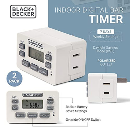 BLACK+DECKER Light Timers, Programmable, Indoor, 2 Pack, with Polarized Outlet - Compact Digital Timer Outlet with Daylight Savings Mode, 7-Day Weekly Settings - Plug Timer for Appliances, Lamps