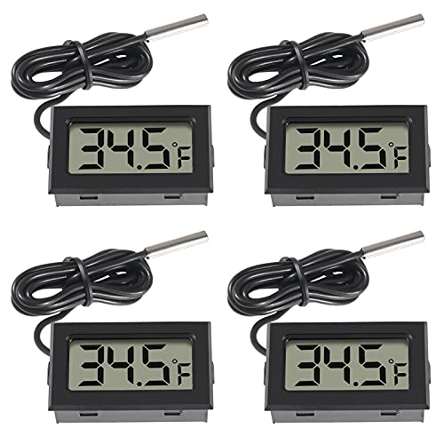 4pcs Digital LCD Thermometer, Fahrenheit Temperature Digital LCD Fridge Thermometer 1M Cable with Probe for Fridge Freezer Refrigerator Aquarium (Black, Fahrenheit)
