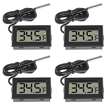 4pcs Digital LCD Thermometer, Fahrenheit Temperature Digital LCD Fridge Thermometer 1M Cable with Probe for Fridge Freezer Refrigerator Aquarium (Black, Fahrenheit)