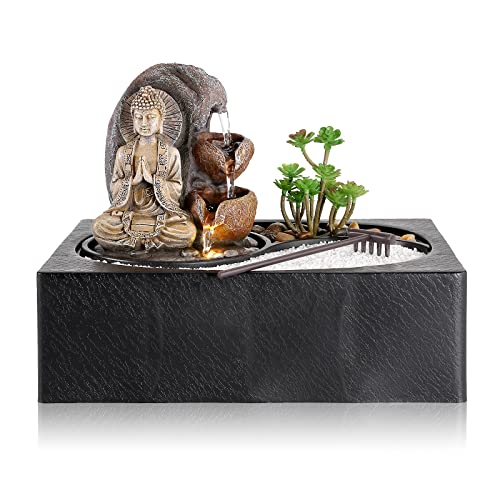 Dyna-Living Water Fountains Indoor Small Tabletop Water Fountain Waterfall Fountain with Zen Garden LED Warm Light Buddha Fountains Indoor for Home Zen Room Decor - color: Style 9