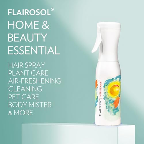 FLAIROSOL InspireArt, Continuous Spray Bottle - Ultra Fine Mist Water Sprayer for Hairstyling, Cleaning, Arts & Crafts, Versatile Spray Bottle, Patented Technology, 6.8 OZ (White Bottle, Green Print)