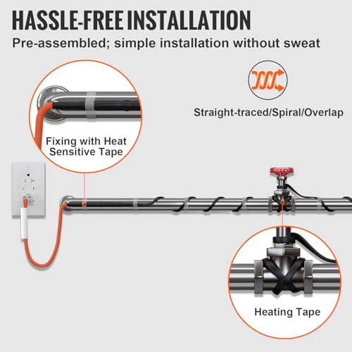 VEVOR Self-Regulating Pipe Heating Cable, 3FT 5W/FT Heat Tape for Pipes Freeze Protection, Water Pipe Heat Cable with Built-in Thermostat Protects PVC Hose, Metal and Plastic Pipe from Freezing - size: 3FT