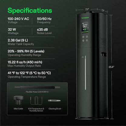 VIVOSUN AeroStream H09 Intelligent Wi-Fi Humidifier, 2.38 Gal / 9 L Humidifier with Temp & Humidity Probe, Smart Remote Control, Designed for Growers - size: 9 L