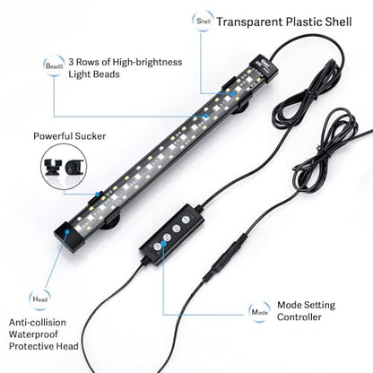 hygger 24/7 Mode Submersible Aquarium LED Light, Full Spectrum Hidden Fish Tank Light with 3 Rows Beads 7 Colors Auto On Off Sunrise-Daylight-Moonlight, Adjustable Timer Brightness - size: 15.9in 10W