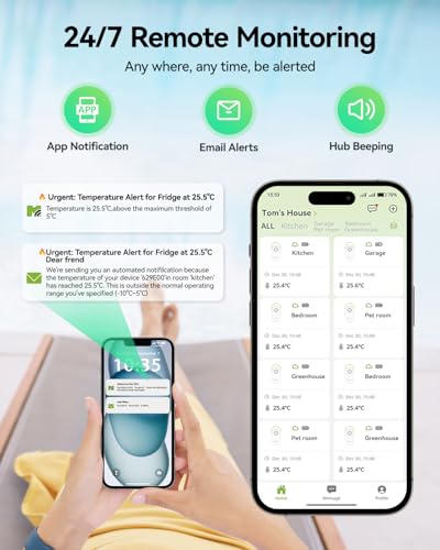 MOCREO WiFi Remote Refrigerator Thermometer, 1/3 Mile Long Range Freezer Alarm, IP66 Waterproof, App Email Alert, with Digital Monitor Hub, 1 Smart Wireless Temperature Sensor for Kitchen, Fridge, RV - style: 1 Long Range LCD Hub + 1 Waterproof Sensor