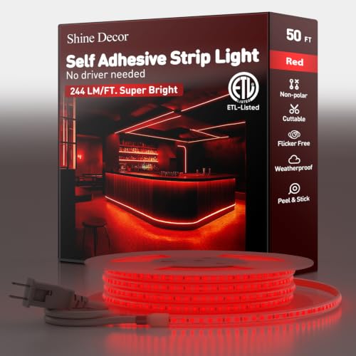 Shine Decor LED Strip Light Super Bright, Plug&Play 120V Driverless Easy Wiring, Flicker Free Weatherproof for Outdoor Indoor, Min. 3.9” Cuttable Stickable, Red 50FT ETL Listed - color: Red, size: 50 Ft