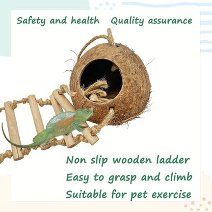 Gecko Coconut Shell Hut Reptile Hideout Home Nesting House Natural Habitat Decor with Hanging Wooden Ladder for Lizard Gecko Hermit Crab