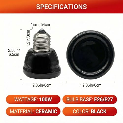 2Pcs 100W Reptile Heat Lamp Ceramic Emitter, Ceramic Heat Lamp for Cats, Chickens, Parrots, Reptiles and Small Animals (Black Mini 110V 100W) - color: Black Mini 110v 100w