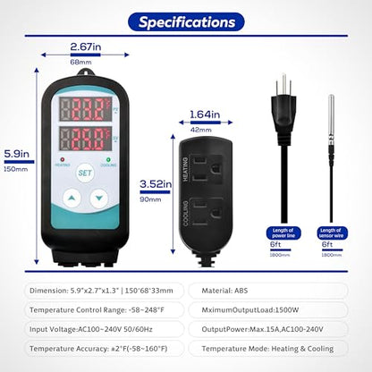 Digital Temperature Controller,Dual Digital Temperature Controlled Outlet,Thermostat Plug,Greenhouse Heater with Thermostat,110-240V 1500W ,Thermostat with Dual LED Display