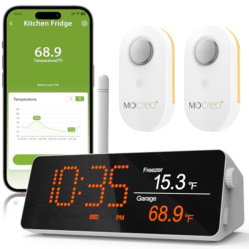 MOCREO WiFi Remote Thermometer Freezer Alarm, 1/3 Mile Long Range, IP66 Waterproof, App Email Alert, with Digital Monitor Hub, 2 Smart Wireless Temperature Sensors for Fridge, RV, Greenhouse - style: 1 Long Range LCD Hub + 2 Waterproof Sensors