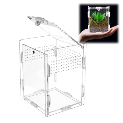 Acrylic Jumping Spider Enclosure with Magnetic Top & Escape-Proof Vents - Small Critter Keeper 4.5x3.3x3.3 Inch for Hermit Crab Frog Tarantula Mantis - Reptile Tank Habitat High Clarity Terrarium