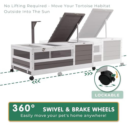 Tortoise Habitat Tank Indoor Outdoor, Wooden Tortoise House with Detachable Legs, 2-Room Reptile Turtle Enclosure Cage for Small Animals, Lamp Holder, Leakproof Tray, Grey - size: 78"L x 23"W x 14"H