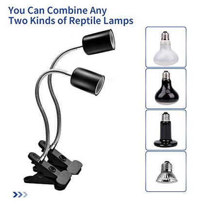 Techsea 2 Pack Reptile Heat Lamps with 360° Rotatable Clips, UVA + UVB Spectrum for Terrariums, 2 Light Bulbs Inside (Black-2 Pack) - color: Black-2 Pack