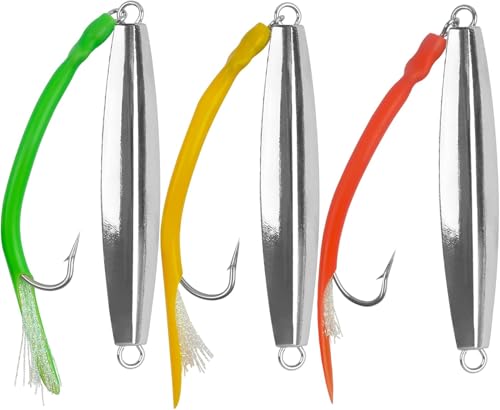 Diamond Jigs Saltwater Fishing Lures,Casting Jigging Spoon with Split Tube Tail Stainless Steel Hook Metal Jig Spoon Baits for Deep Sea Offshore Surf Fishing Bottom Sinking - color: 3pcs-3 Colors Mixed, size: 5oz