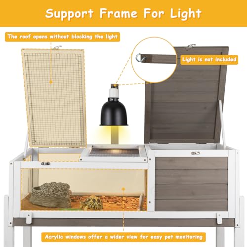 PetsCosset Tortoise Habitat with Detachable Legs, Wooden Indoor & Outdoor Turtle Enclosure, Two-Room Reptile House, Large Observation Windows, Removable Pull-Out Tray, for Tortoises - size: 37.2"L x 22.8"W x 32.3"H