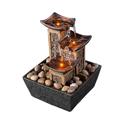 GOSSI Indoor 3-Tier Tabletop Water Fountain with Soothing Sound, Simulation Stone Pillar Design, Natural River Rocks, Reflective Lighting for Meditation and Relaxation - color: Yellow