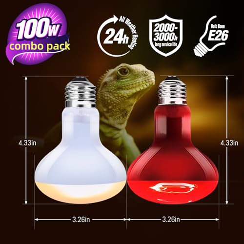 Leoterra Reptile Heat Lamp 100w Day and Night Heat Lamp Combo Pack for Turtle,Bearded Dargon,Lizard,Snakes Use Heat Light Bulb,Easy to Install - style: H80100 Combo Pack