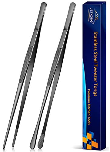 JETKONG 2 Pcs 12-Inch Kitchen Tweezers Tongs with Precision Serrated Tips, Stainless Steel Chef Tweezer Professional Cooking Tweezers for BBQ, Plating and Serving (12-Inch, Black) - color: Black, size: 12+12inch