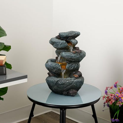 Alpine Corporation TZL418 14" 3 Tier Rock Fountain with LED Lights, Elegant Cascading Water Feature for Tabletop, Indoor Decor, Relaxing Stone Waterfall for Home & Office, Gray - style: Elegant Rock w/ LED Lights