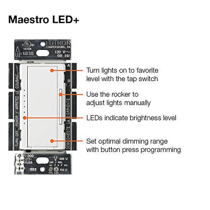 Lutron Maestro LED+ Dimmer Switch, 3-way Switch Kit for Dimmable LEDs, 150-Watt, Multi-Location, MACL-153M-RHW-WH, White - color: White, size: 1 Pack, style: 3-Way Kit