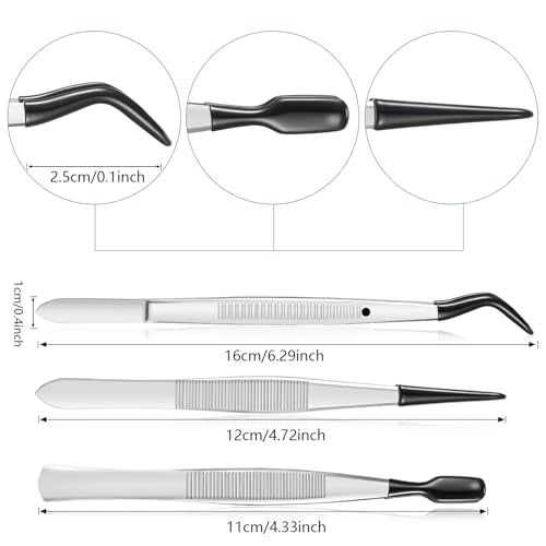 Honoson 3 Pieces Rubber Tipped Tweezers for Crafting Set - PVC Coated Flat, Straight & Bent Tips Stamps, Beads, Jewelry(Black) - color: Black