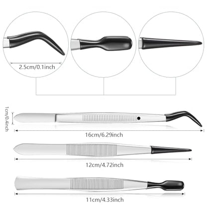 Honoson 3 Pieces Rubber Tipped Tweezers for Crafting Set - PVC Coated Flat, Straight & Bent Tips Stamps, Beads, Jewelry(Black) - color: Black