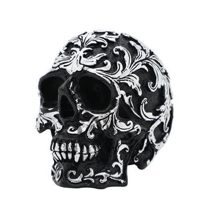 Gothic Skull Home Decor - Realistic Skeleton Skull Head Statue, Halloween Resin Skull Figurine with Silver Designs, 3.62 Inch Fake Skull for Decorations, Party, Home, Desk Skull Head Decor