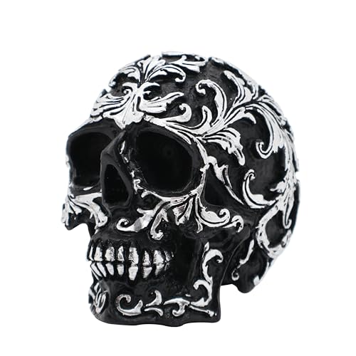 Gothic Skull Home Decor - Realistic Skeleton Skull Head Statue, Halloween Resin Skull Figurine with Silver Designs, 3.62 Inch Fake Skull for Decorations, Party, Home, Desk Skull Head Decor
