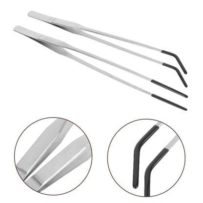 TEHAUX 2pcs Stainless Steel Long Feeding Tongs with Rubber Tips for Reptiles Curved Tweezers for Snake and Gecko Portable Aquarium Terrarium Supplies Easy to Use and Durable