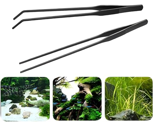 2-Pack Aquarium Tweezers, Stainless Steel Straight and Curved Tweezers Set, Long Handle Reptile Feeding Tongs for Aquatic Plants Lizards Spider Snakes Garden Repairing - 10-3/5inch, Black