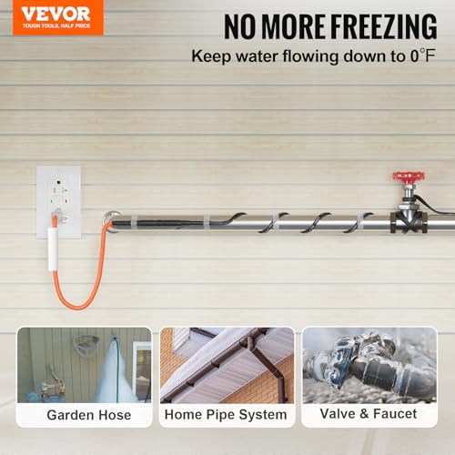 VEVOR Self-Regulating Pipe Heating Cable, 15FT 5W/FT Heat Tape for Pipes Freeze Protection, Water Pipe Heat Cable with Built-in Thermostat Protects PVC Hose, Metal and Plastic Pipe from Freezing - size: 15 Feet