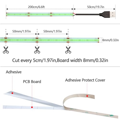 DC 5V USB COB Ice Blue LED Strip Light Dimmable USB Powered 6.6ft/2M IP65 Waterproof 640LEDs with Dimmer High Brightness Flexible LED Tape Lights - color: Ice Blue