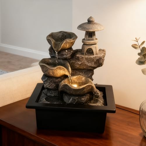 Indoor Tabletop Waterfall Fountain with Rock Pagoda & Lotus Leaf, Design for Home Office Desk Decor, Soothing Zen Water Feature with Warm Light for Relaxation & Meditation - color: Style 8