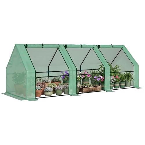 Outsunny 9' x 3' x 3' Mini Greenhouse with Zippered Doors & Roll-up Windows, Portable Plant Hot House with PE Cover, Water Resistant, UV Protected for Outdoor Flowers, Vegetables, Green - color: Green, size: 9' x 3' x 3'