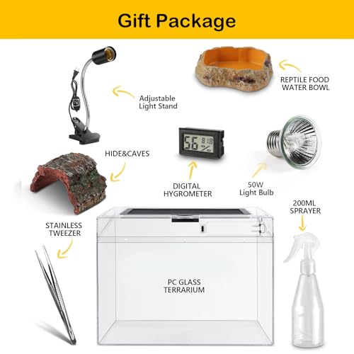 HELIME Reptile Polycarbonate Terrarium Kit 7 Piece Starter Habitat for Tarantula,Lizards,Frogs,Geckos,or Hermit Crabs,Tank with Escape-Proof Locking Lid,Light,Hygrometer,Hide,Tweezer,Bowl,Sprayer - size: Small(12x7x9IN)