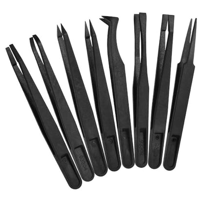 MMOBIEL 16-Piece Anti-Static Plastic Precision Tweezers Set, Tweezers with Pointed Flat Tip/Curved Tips, Tweezers for Electronics, Jewellery Making, Laboratory Work, Black - size: 16x