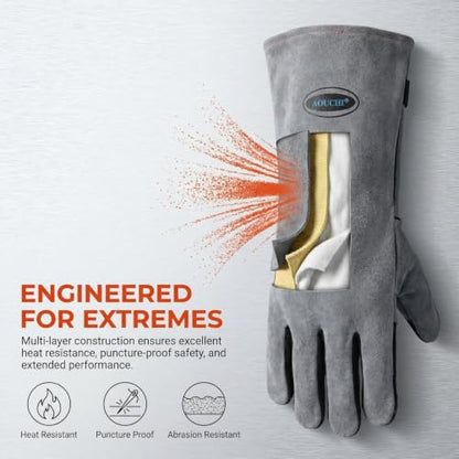932℉ Leather Welding Gloves for Women Man, Heat Resistant Fire Long Sleeve Gloves for Tig Mig Stick BBQ Fireplace (Grey-Large) - size: Grey-Large