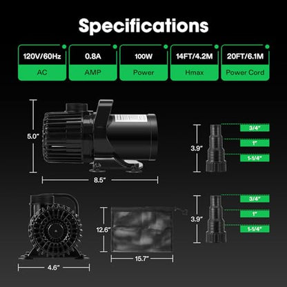 VIVOSUN 1600 GPH Submersible Water Pump with Barrier Bag, 100W Pond Pump, Ultra Quiet Aquarium Pump with 14FT. Lift Height for Pond, Waterfall, Fish Tank, Statuary, Hydroponic - color: Black Round, size: 13"×7"-1600 with Barrier Bag
