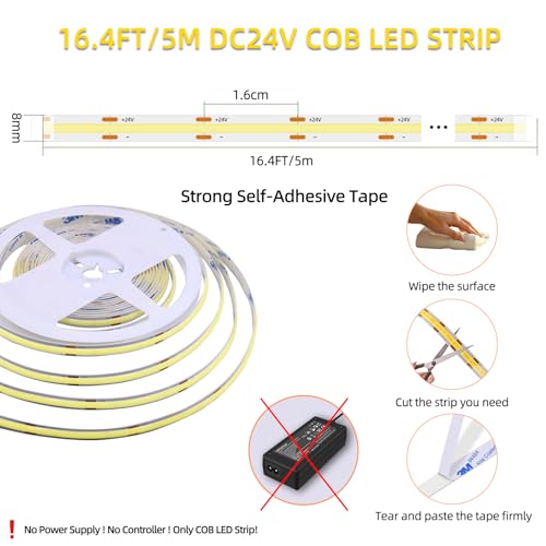 LED Strip Lights 24V COB Daylight White 6000K 16.4ft (No Power Supply) | Super Bright, Dotless High Density 14W/m, 8mm Width Cuttable Flexible, Home DIY White Commercial Lighting - color: White 6000K (Only LED Strip)