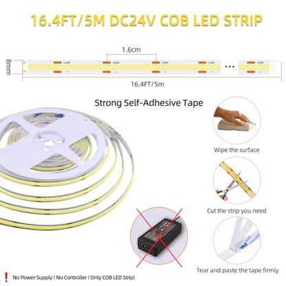 LED Strip Lights 24V COB Daylight White 6000K 16.4ft (No Power Supply) | Super Bright, Dotless High Density 14W/m, 8mm Width Cuttable Flexible, Home DIY White Commercial Lighting - color: White 6000K (Only LED Strip)