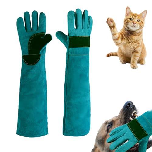 Bite Proof Animal Handling Gloves, Reinforced Leather Anti-Scratch Safety Gauntlets for Dogs Cats Reptiles Wildlife, Extra Long Forearm Protection for Grooming Bathing Training - color: Green, size: 23.6inch