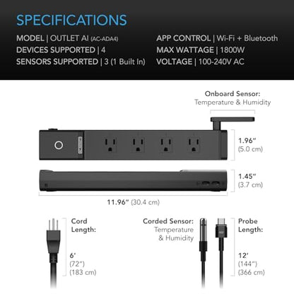 AC Infinity Outlet AI, Environment Controller, Smart WiFi Power Strip, Dual-Zone Temperature Humidity, Individual Control 4 Plugs, AI Targeting, Thermostat Greenhouse Aquarium Terrarium Home, 1800W - style: 4 Plugs
