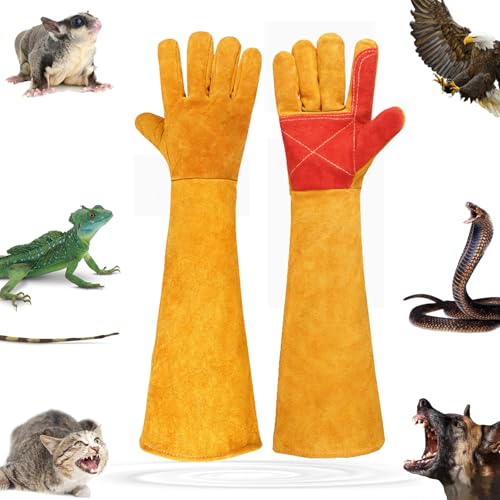 Animal Handing Gloves Bite Proof,Leather Welding Gloves,Multipurpose Puncture Proof Glove for Dog,Cat,Reptile,Snake - color: Yellow+red, size: 17.7 inches