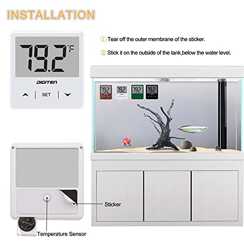 DIGITEN Aquarium Thermometer Digital Fish Tank Thermometer with Large LCD Display Stick On Water Terrarium Temperature Sensor Gauge for Reptiles Turtle Amphibians - color: White