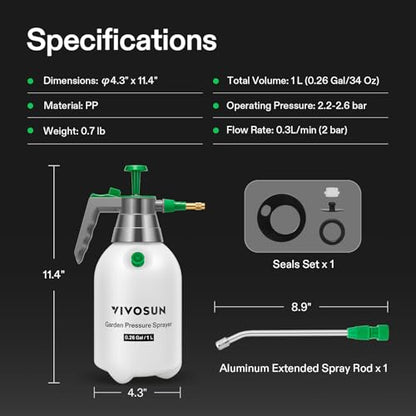 VIVOSUN Handheld Garden Sprayer, 1L Pump Sprayer, 34oz Water Spray Bottle with Safety Valve, Adjustable Nozzle, Extended Spray Rod & Additional Seals, Ideal for Watering, Fertilizing, Cleaning - size: 34 ounce